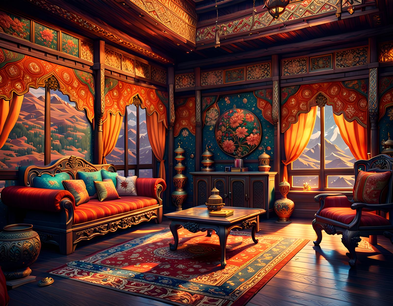 Intricate Kashmir House Living Room in Anime Art Style