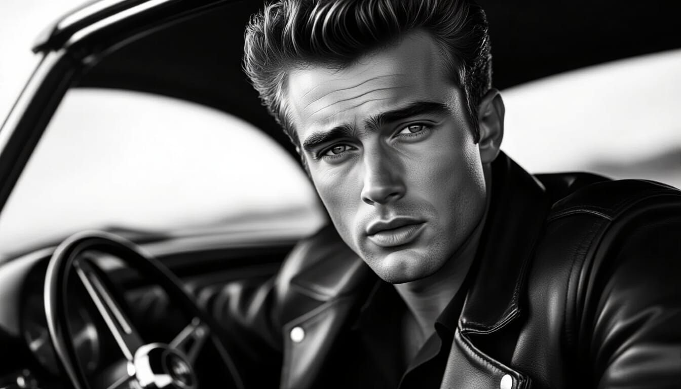James Dean in Leather with Sports Car, Dramatic B&W Photo