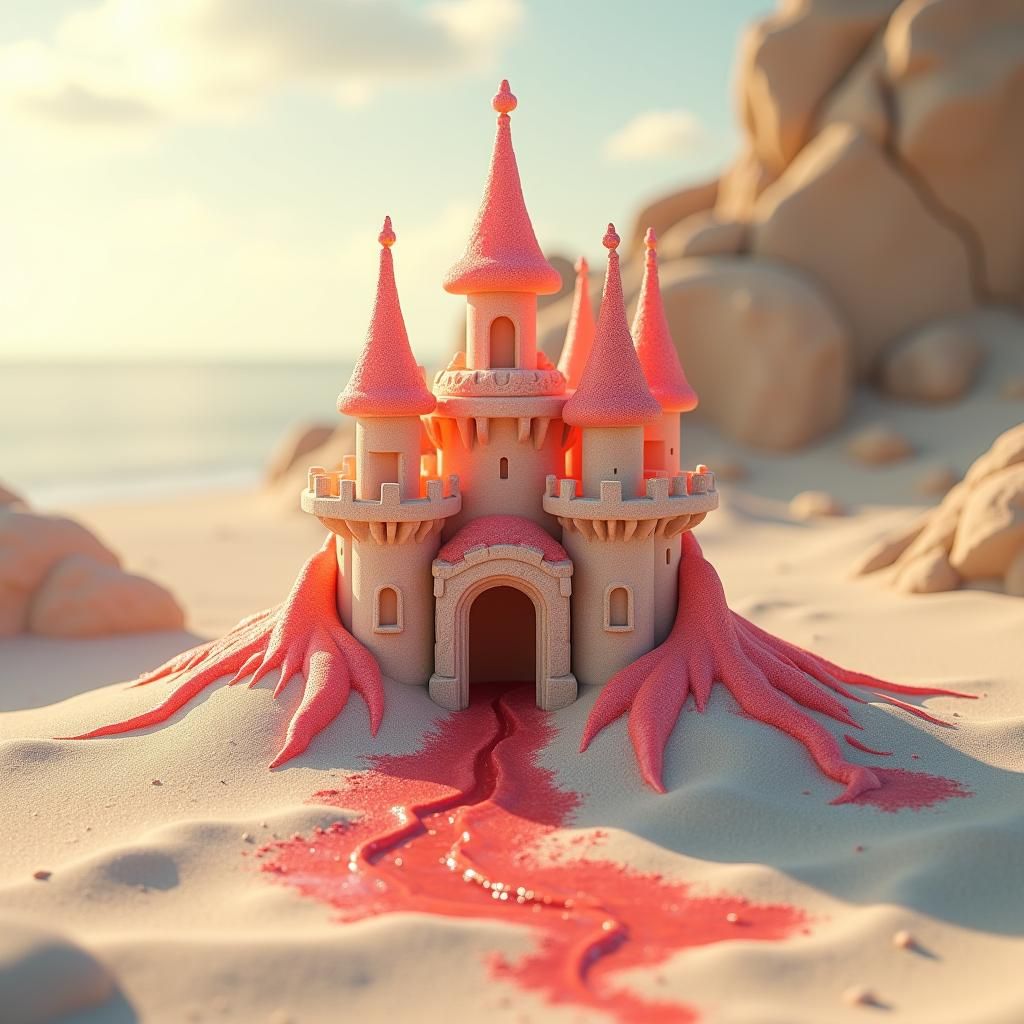 Surreal Sandcastle Oozing Red Slime in 3D Anime Style