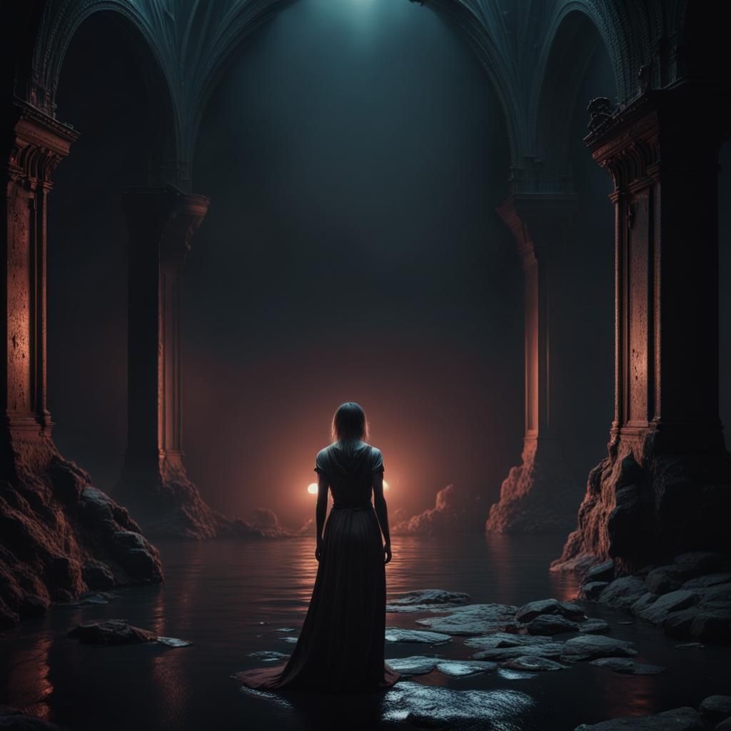 Crying Woman in Darkness: Detailed Matte Painting