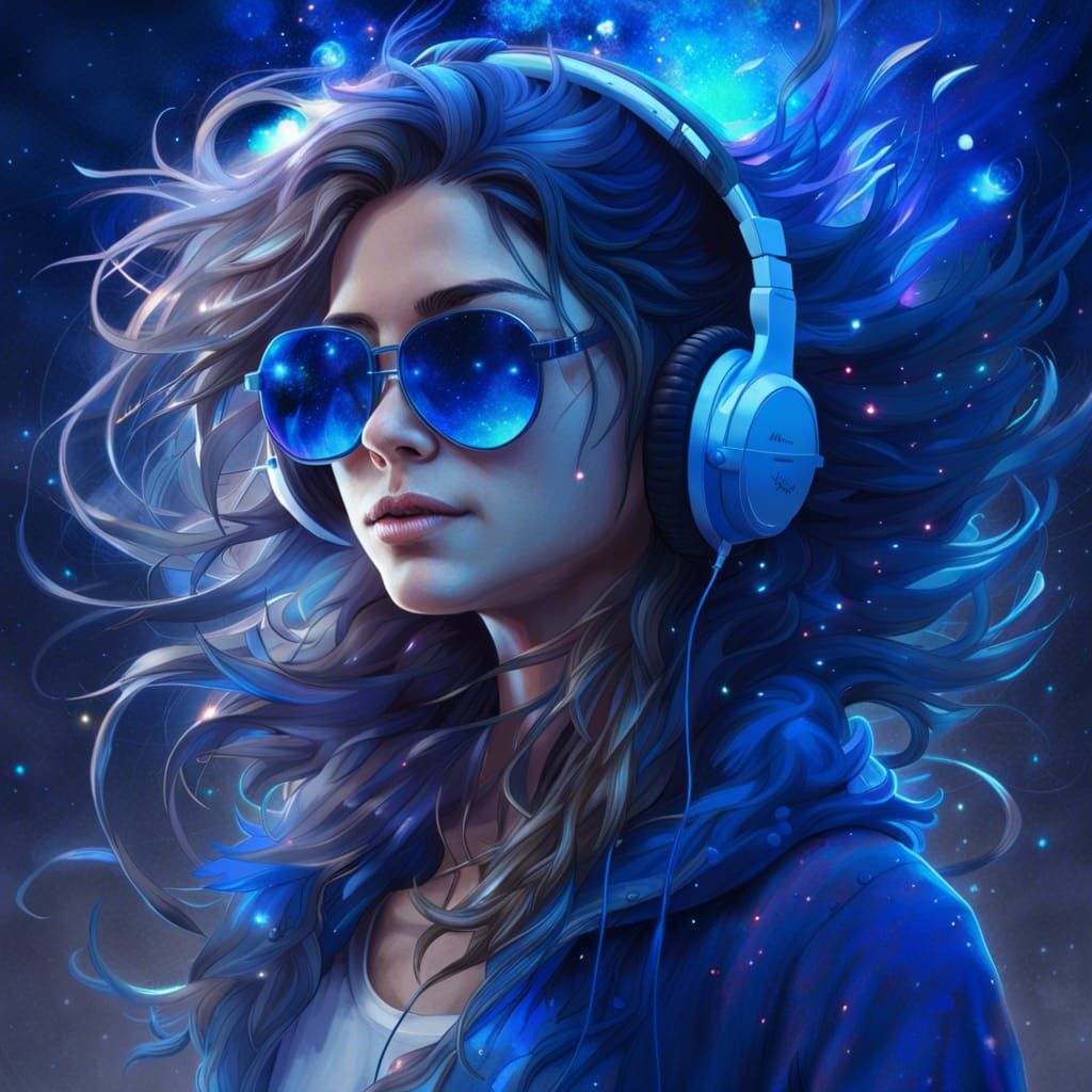 Woman with Headphones in Deep Blue Starry Scene