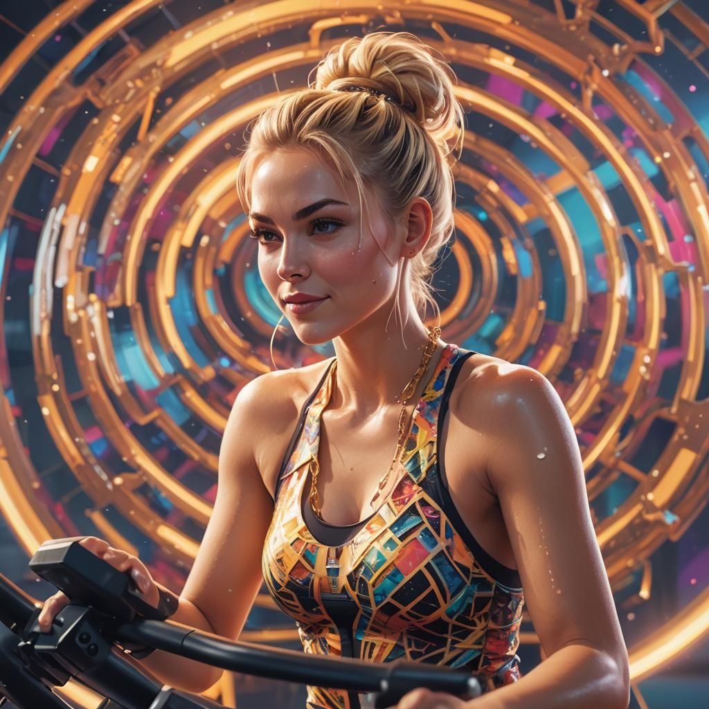 Woman on Spin Bike in 3D Digital Art Style
