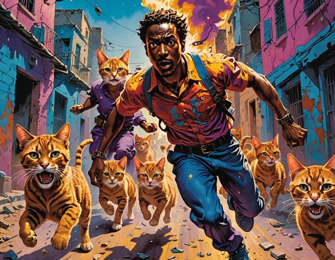 War Kittens Chase Man in Comic Book Art
