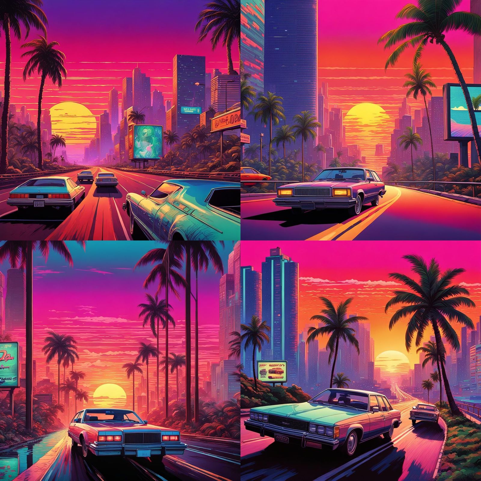 Vaporwave Car on Highway at Sunset