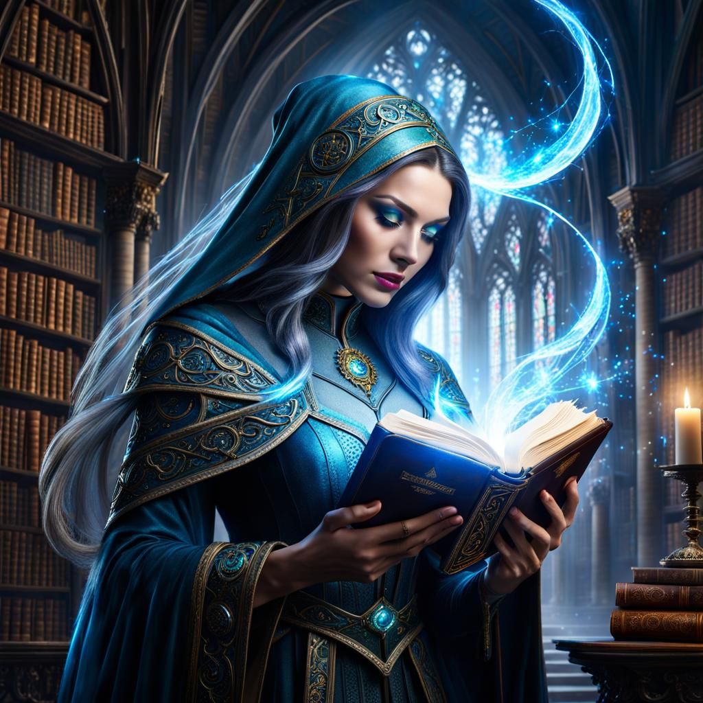 Sorceress Evoking Magic from Medieval Book