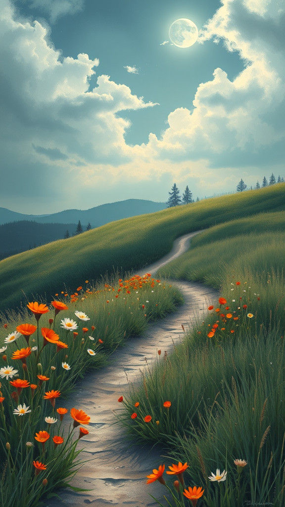 Moonlit Wildflower Meadow in Romantic Style