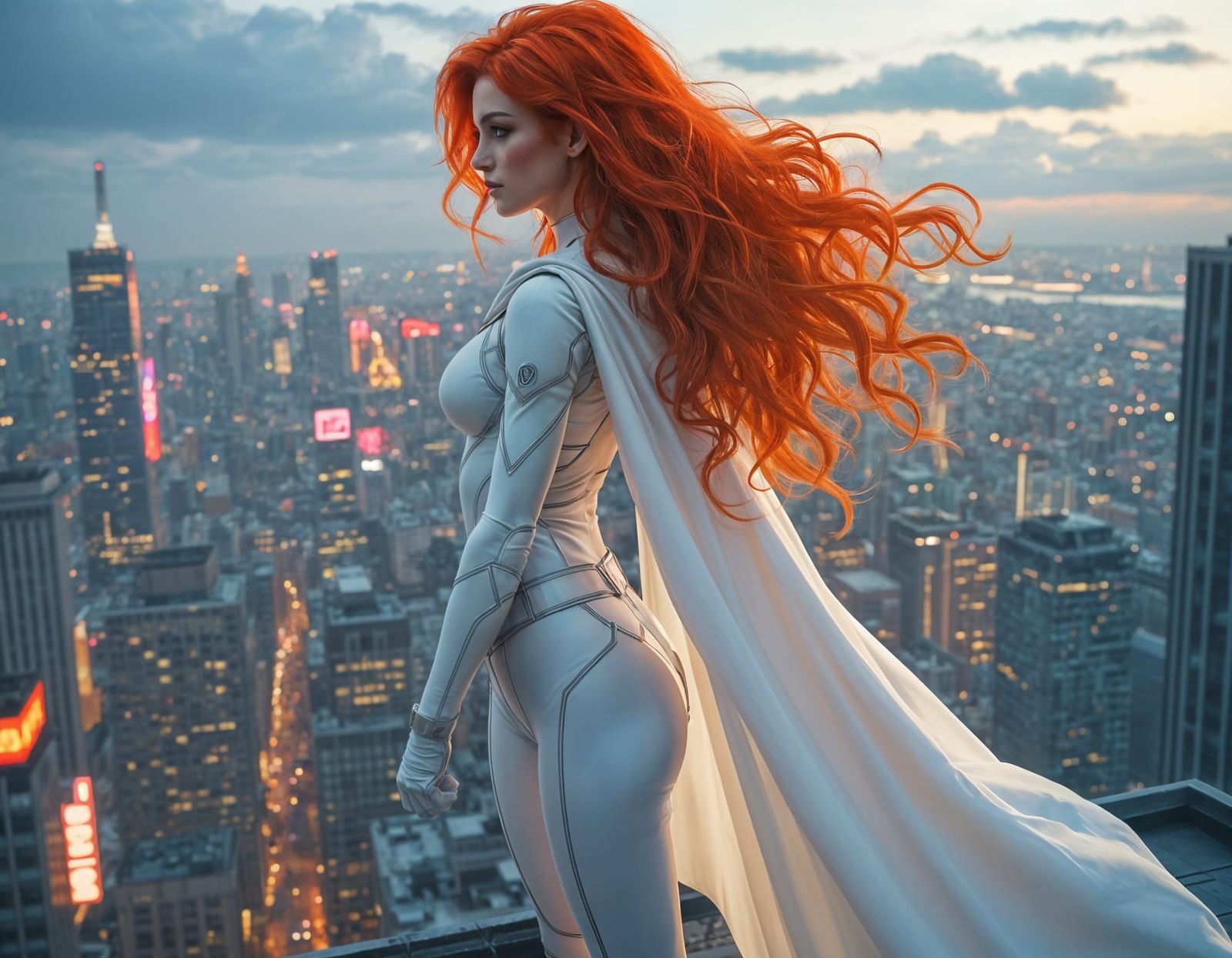 Red-Haired Superheroine Patrolling City