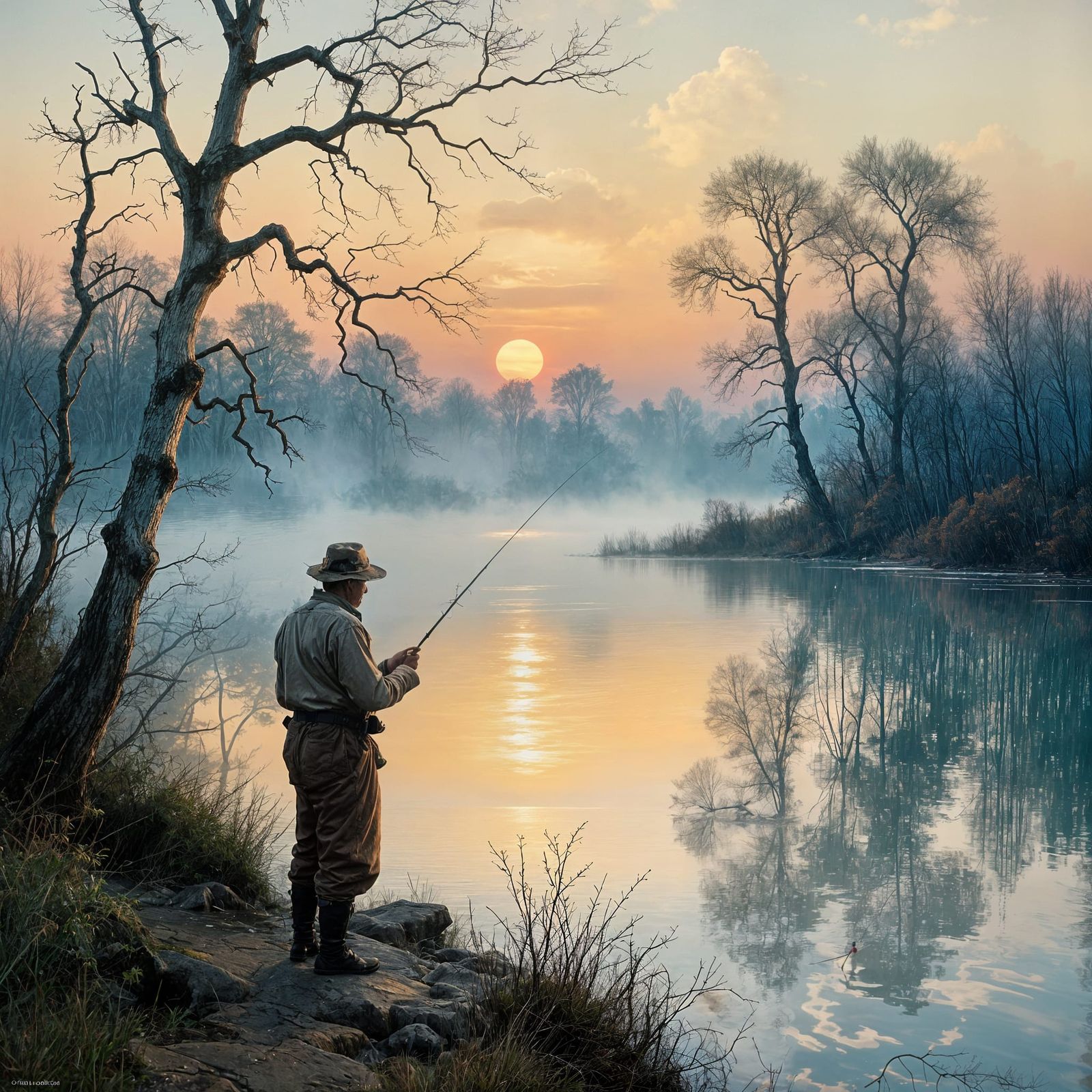 Misty Lake Fisherman: Impressionist Oil Painting at Dawn