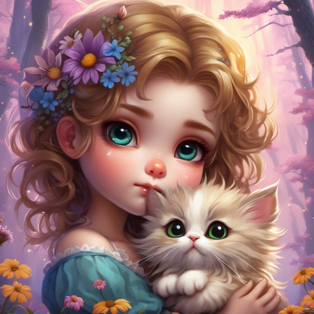 Girl with Kitten in Chibi Style
