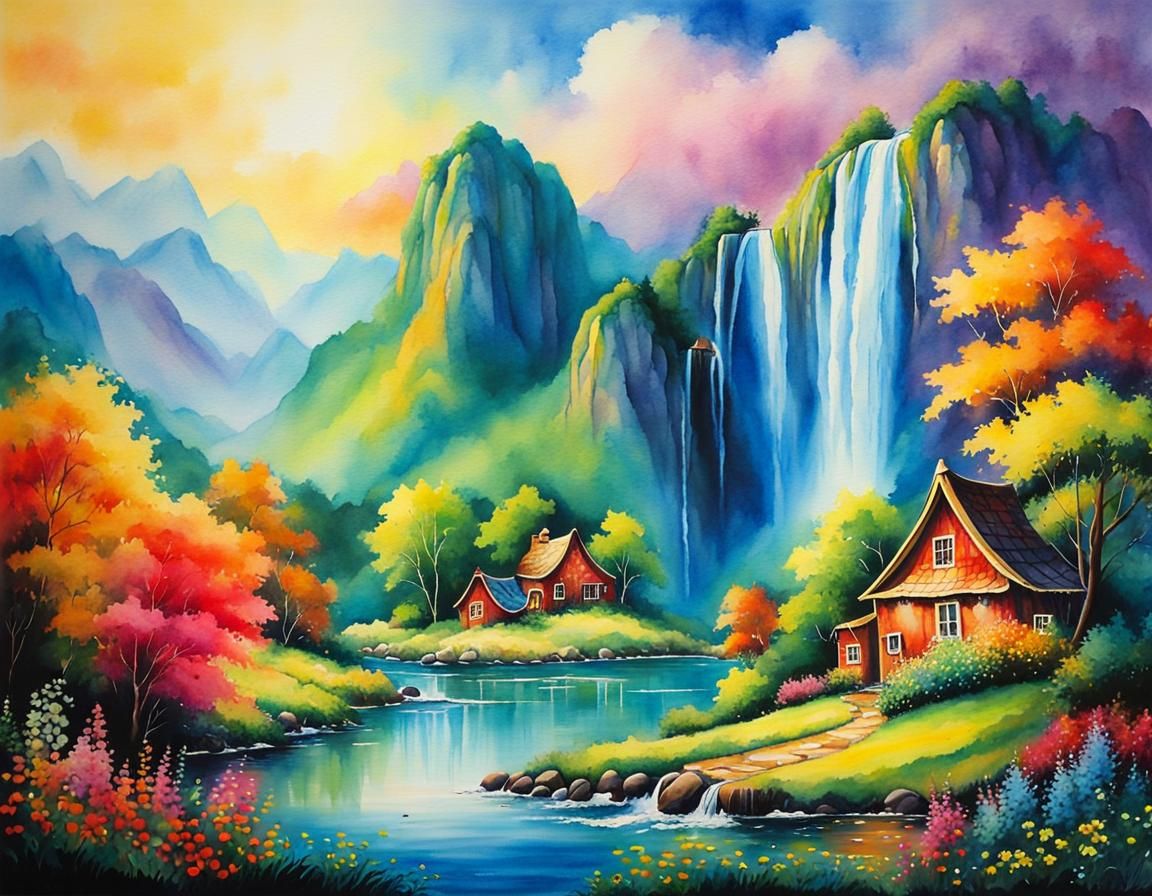 Vibrant Watercolor Painting of Waterfalls and Sailboats