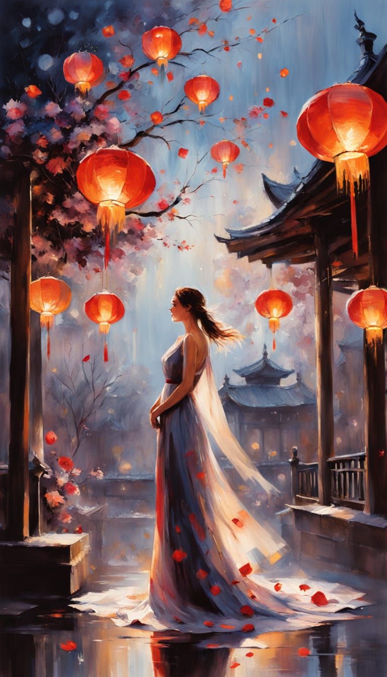 Woman Under Lanterns: Dreamlike Realism and Eastern Ink