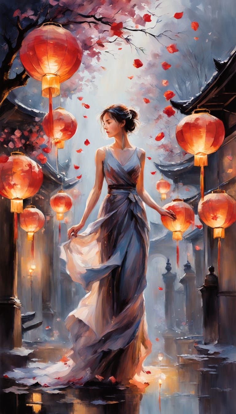 Woman Under Lanterns in Dreamlike, Magical Realism Style