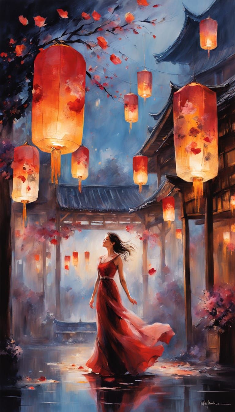 Woman Under Lanterns in Dreamlike Realism