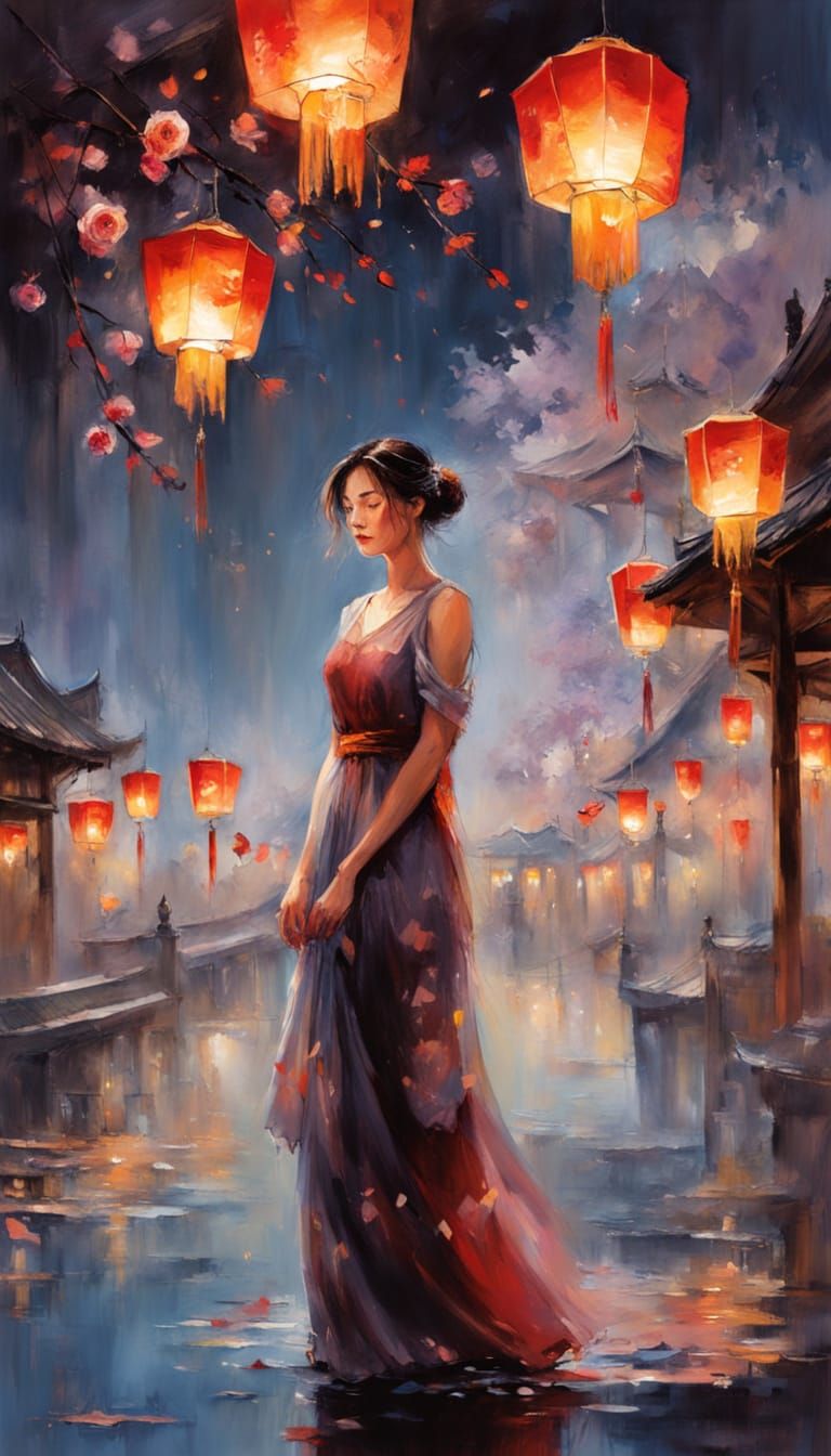 Woman Under Lanterns: Dreamlike Realism with Ink Painting