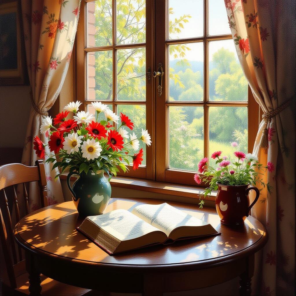 Cozy Interior Scene: Cat Reading by Window