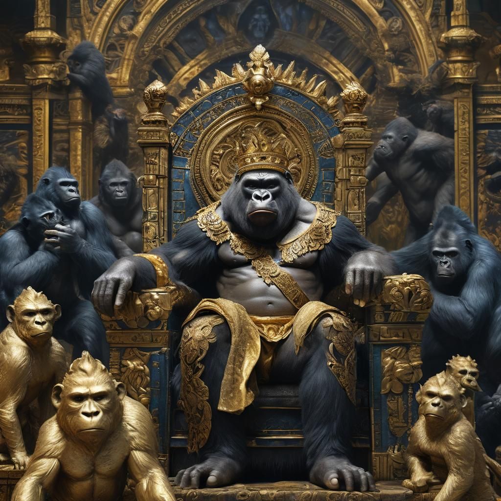 Gorilla King on Gold Throne in Hyperrealistic Style