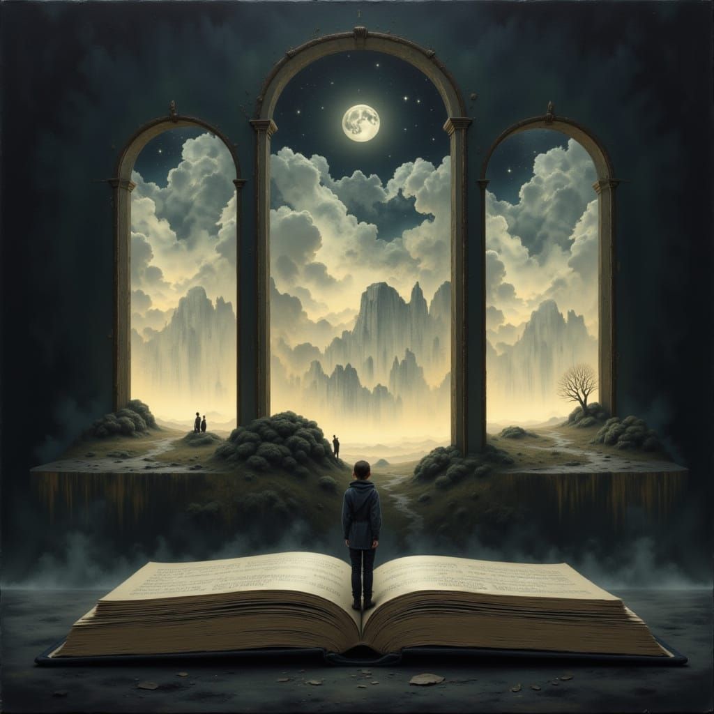 Surreal Storybook with Glowing Sections