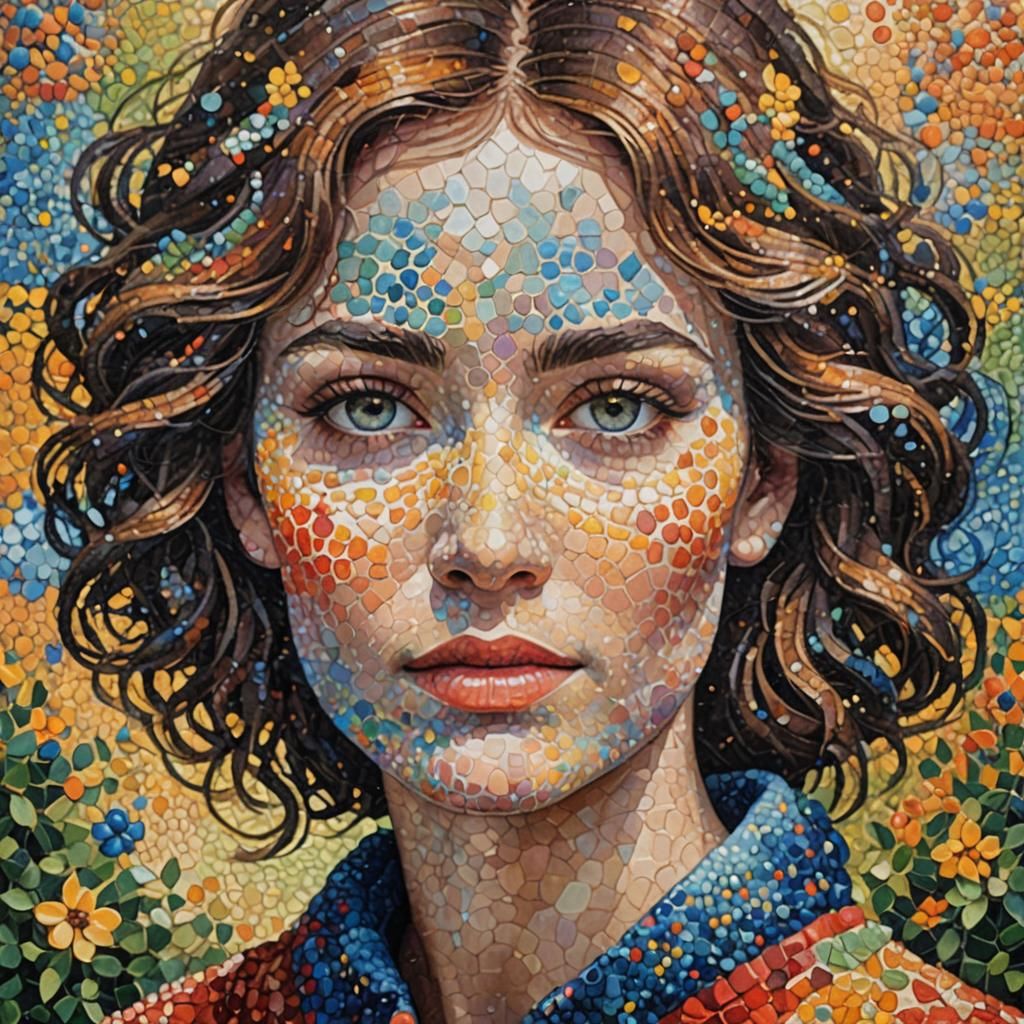 Pointillist Portrait in Dreamy Landscape