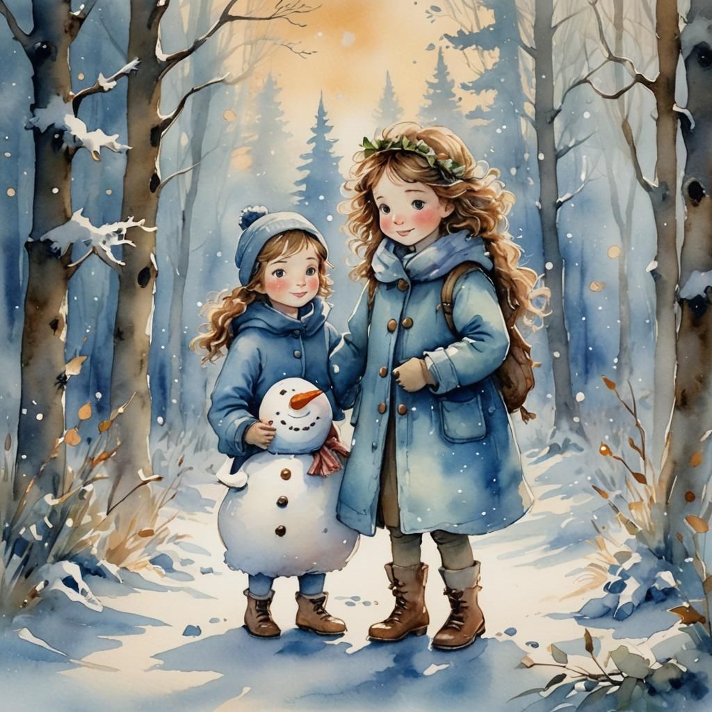 Watercolor Whimsy: Girl and Snowman in Winter Forest