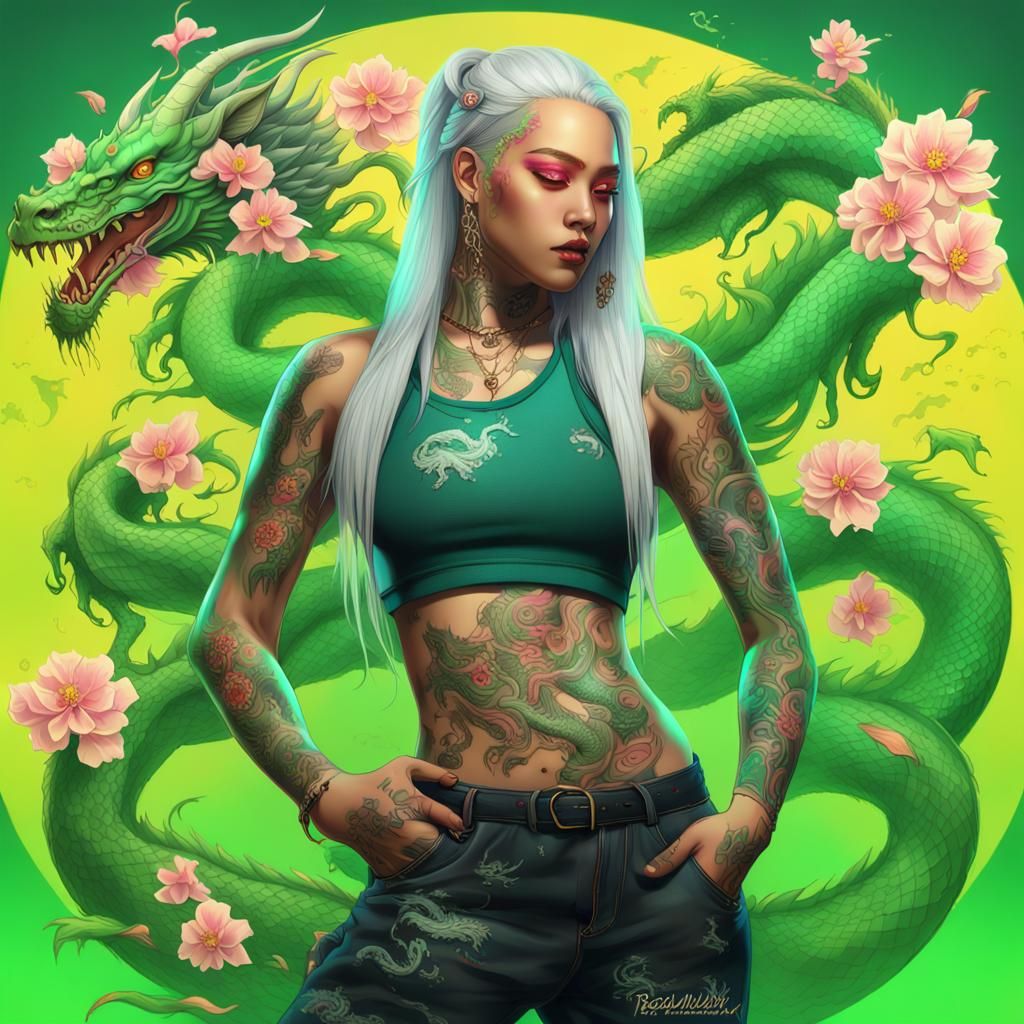 Puerto Rican Model with Dragon Tattoos in Cyberdelic Graffit...