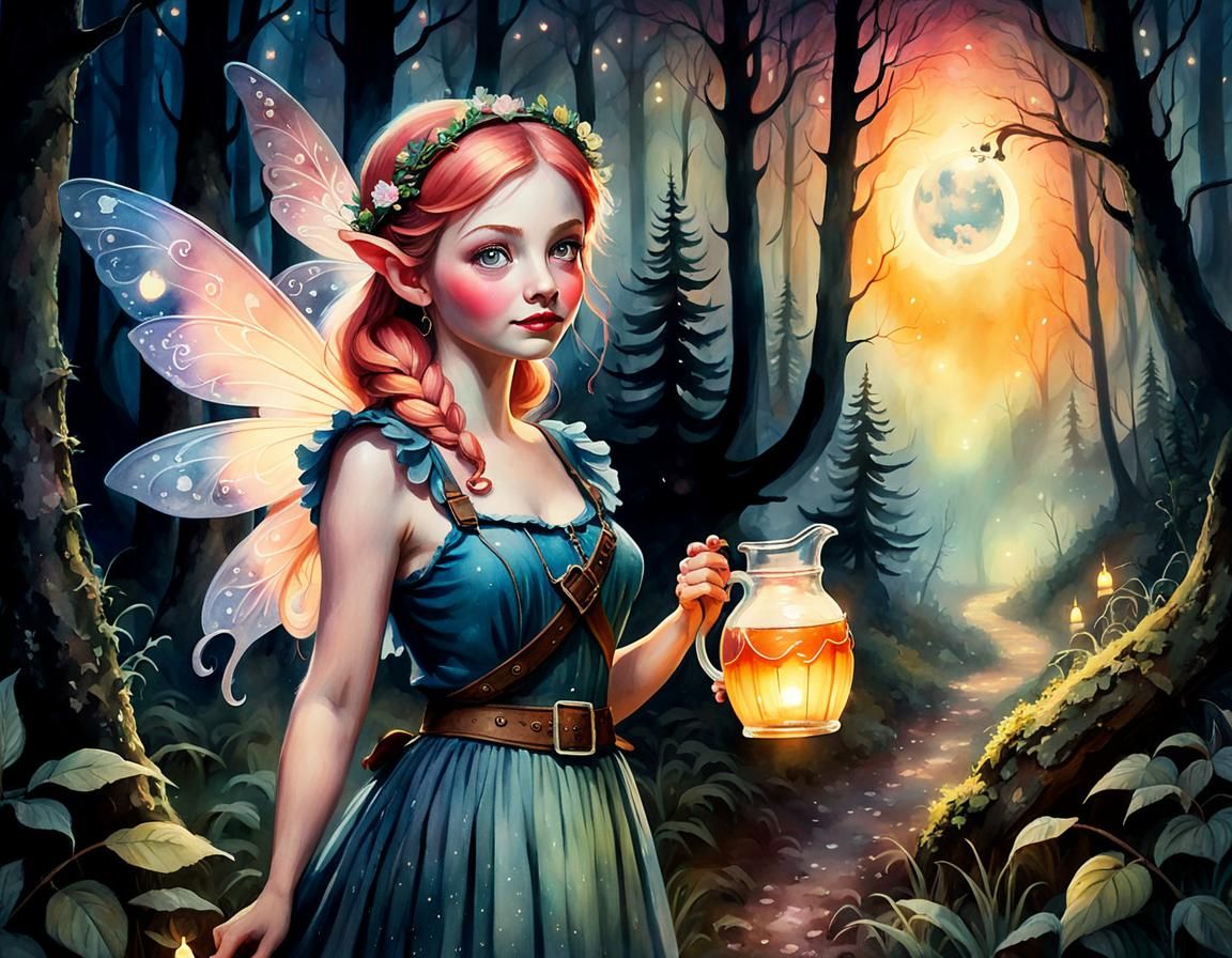 Hillbilly Fairy with Moonshine: Whimsical Watercolor Art