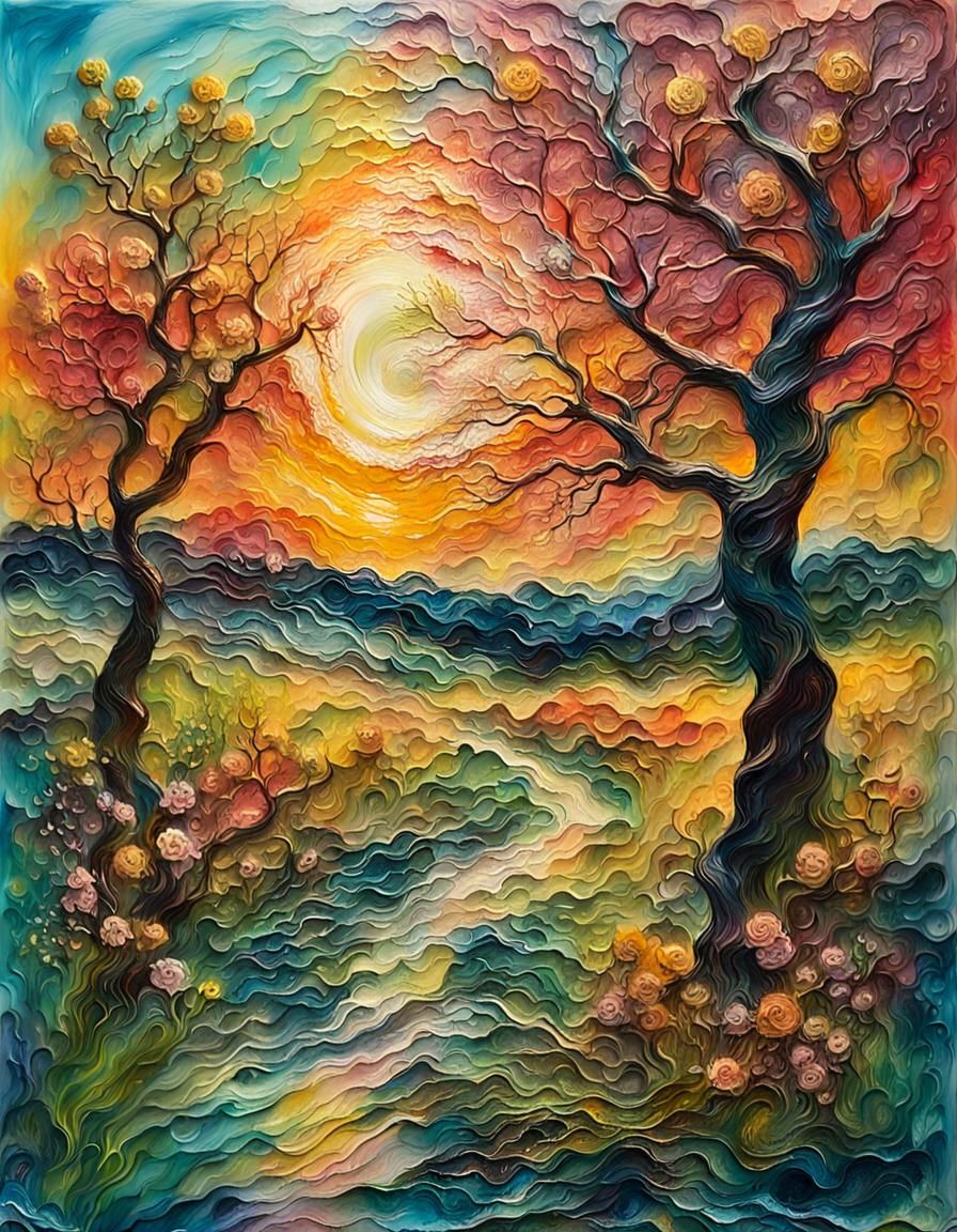 Expressive Encaustic Spring Landscape in Abstract Expression...