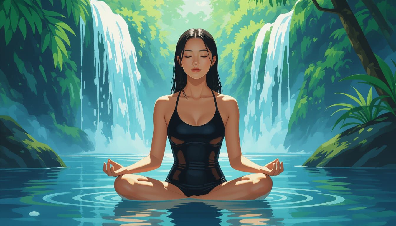 Asian Woman Meditating by Waterfall in Hyperrealism