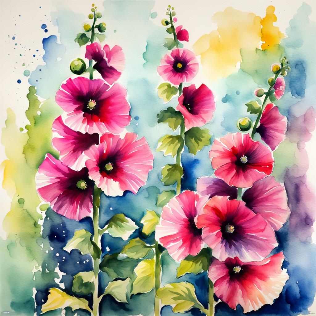 Abstract Hollyhocks in Watercolor