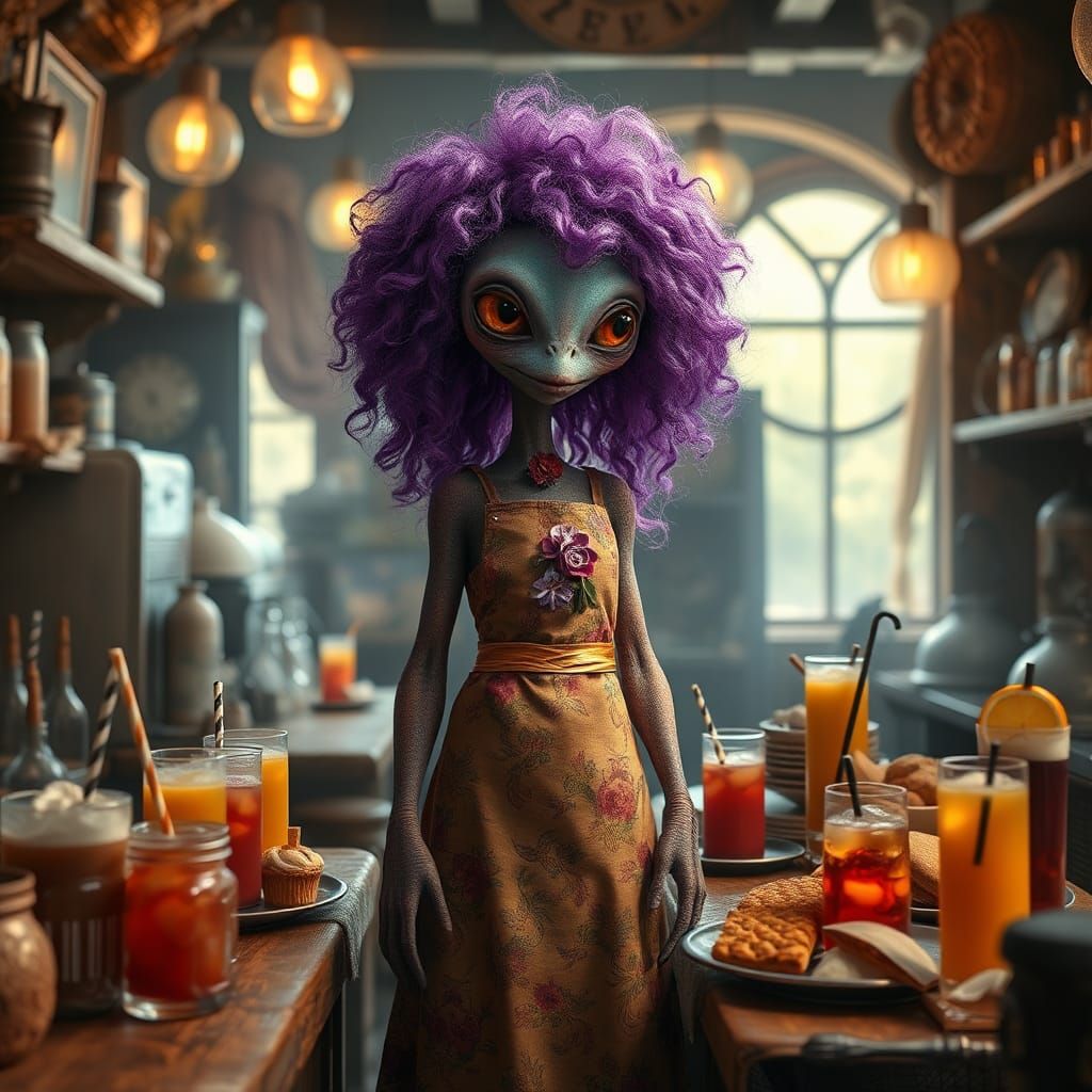 Alien Diner Scene in Kandinsky Style