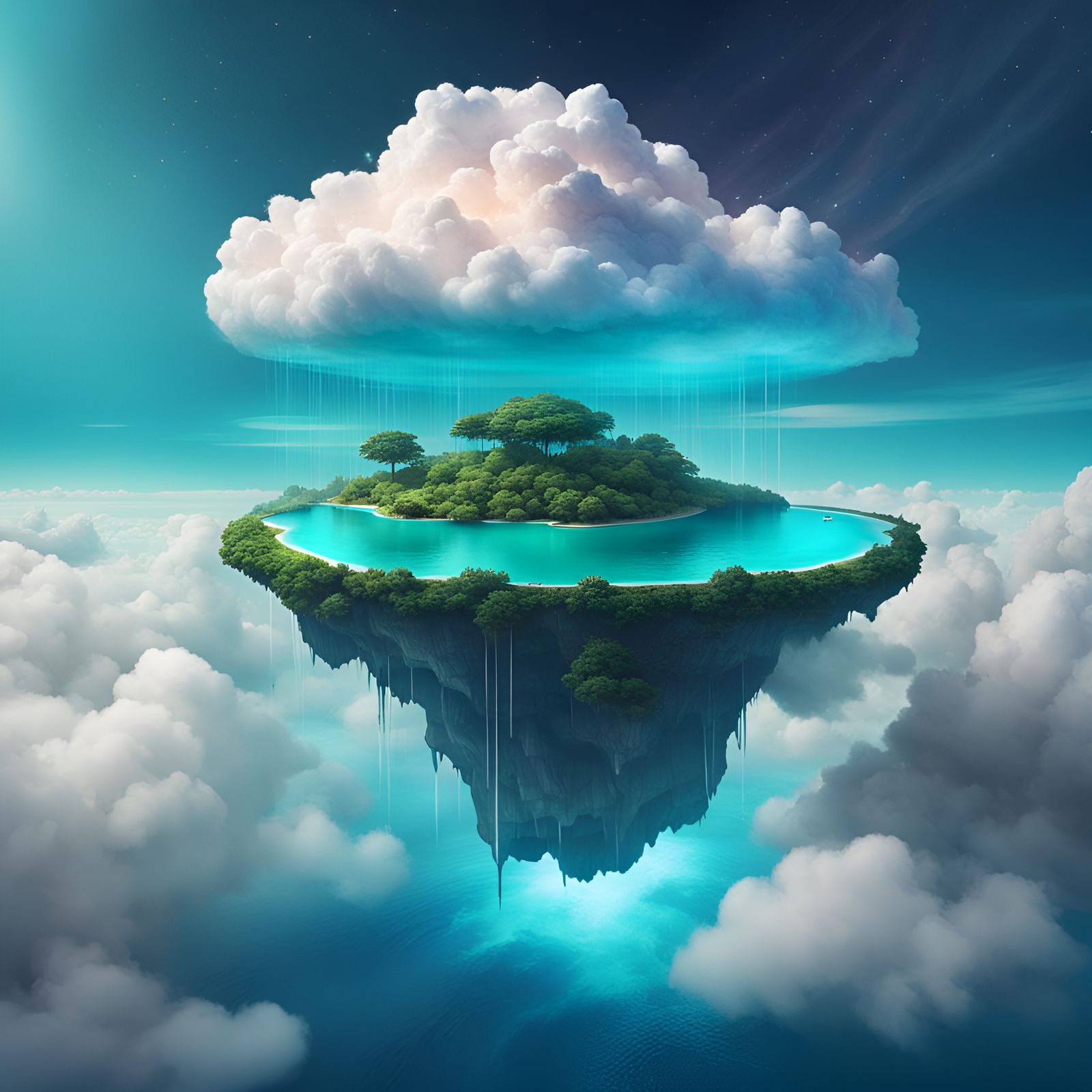 Galaxy Ocean Under Cyan Cloud and Floating Island