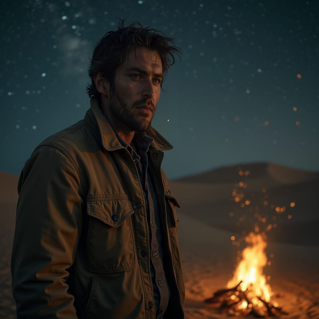 Man Standing in Desert Under Starry Sky with Fire