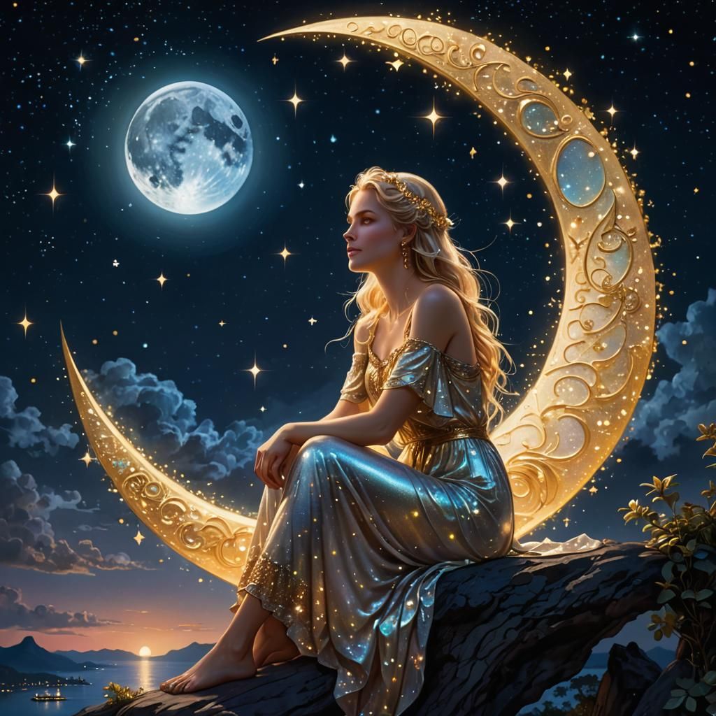 Golden-Haired Woman on Crescent Moon in Starlight