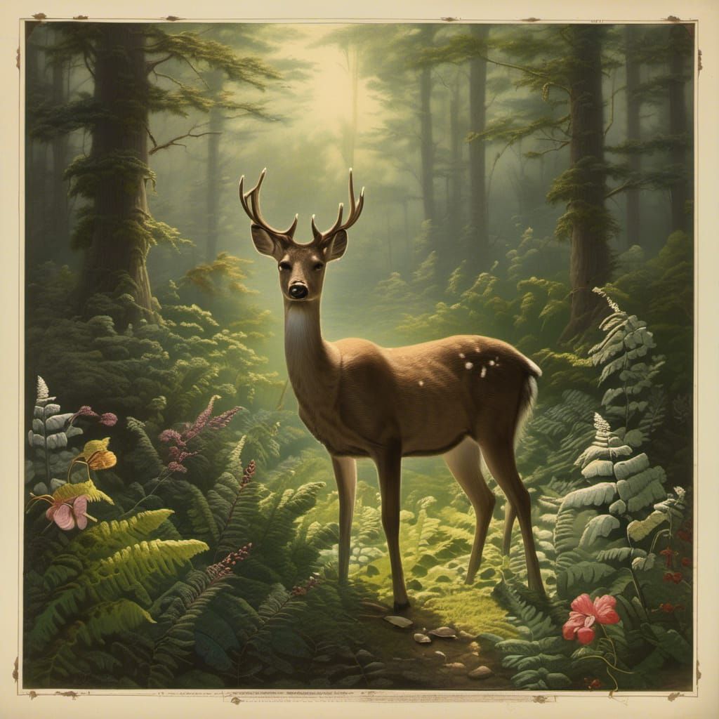 Deer in Sunlit Forest Glade with Ferns