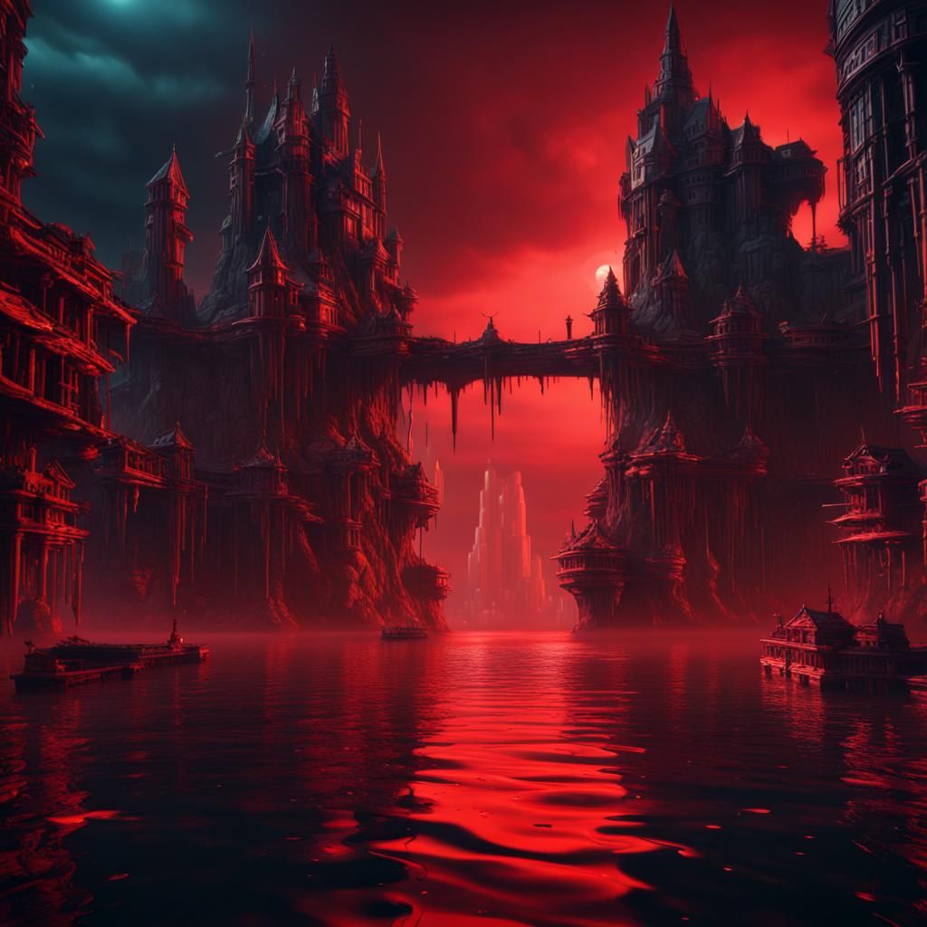 Dark City on Floating Island in Red Water