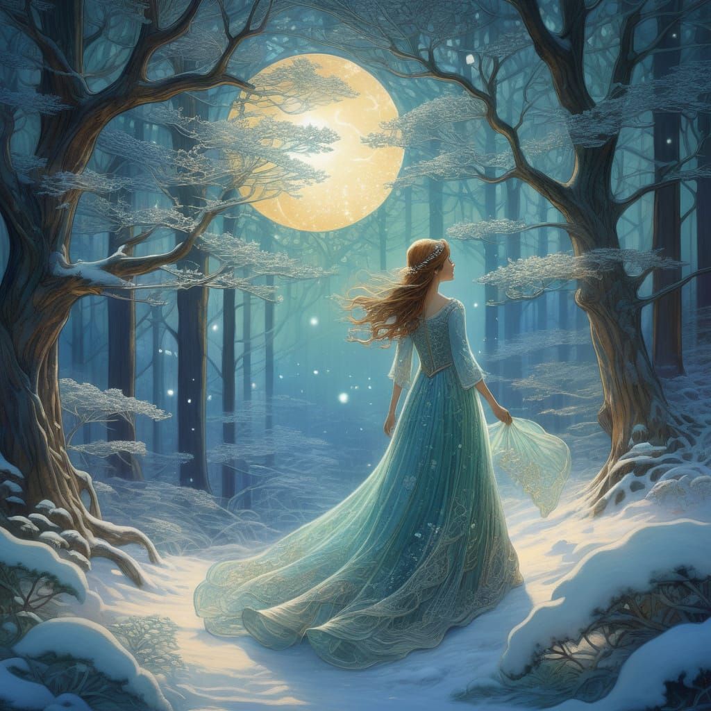 Art Nouveau Enchanted Forest in Winter Moonlight