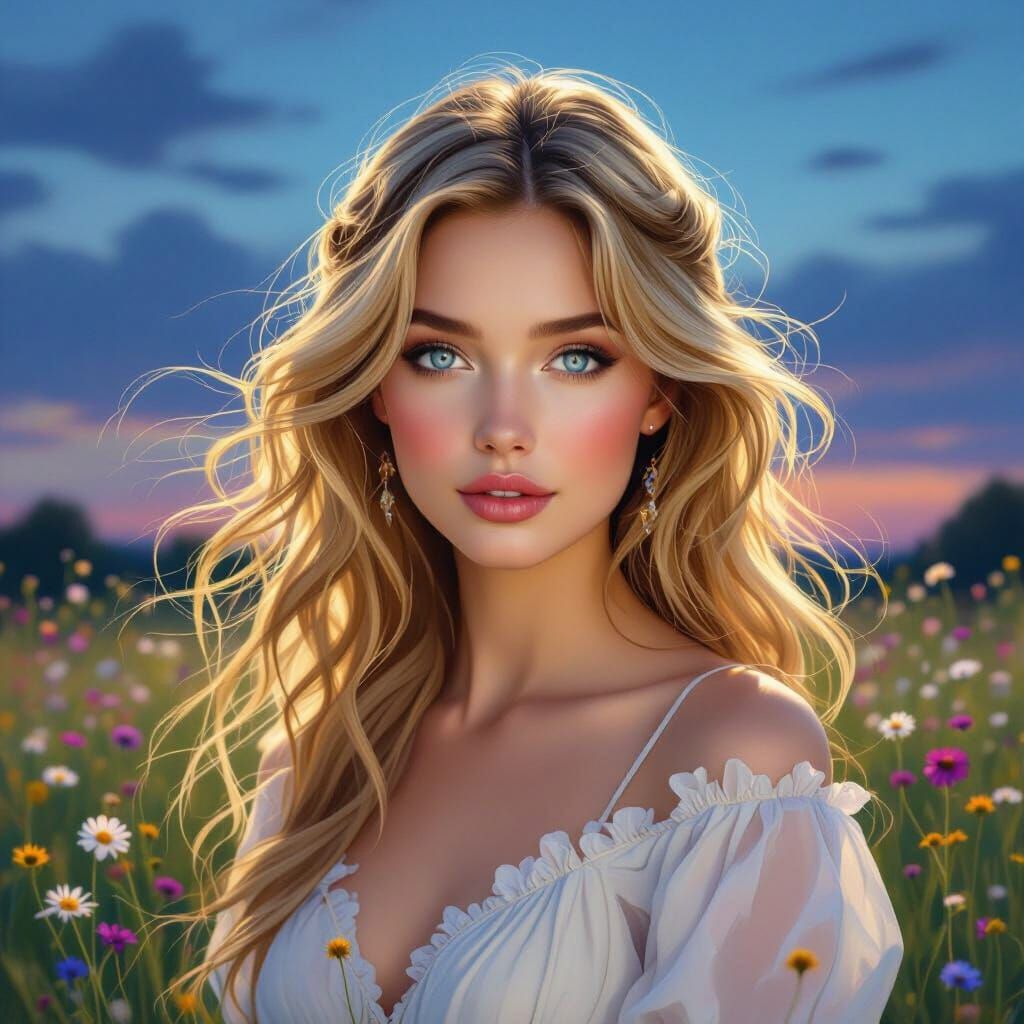 Ethereal Woman in Wildflower Field Under Twilight Sky