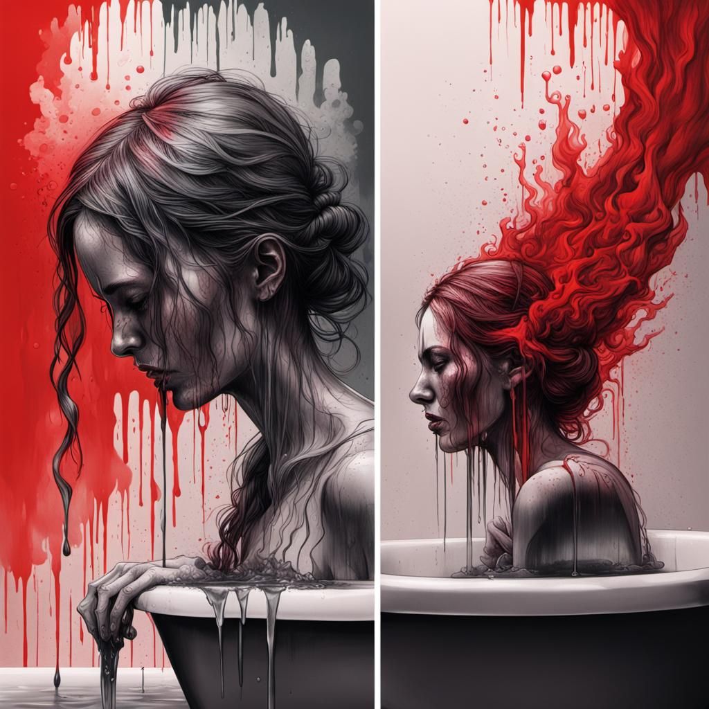 Disturbing Split Screen Charcoal Drawing of Crying Woman