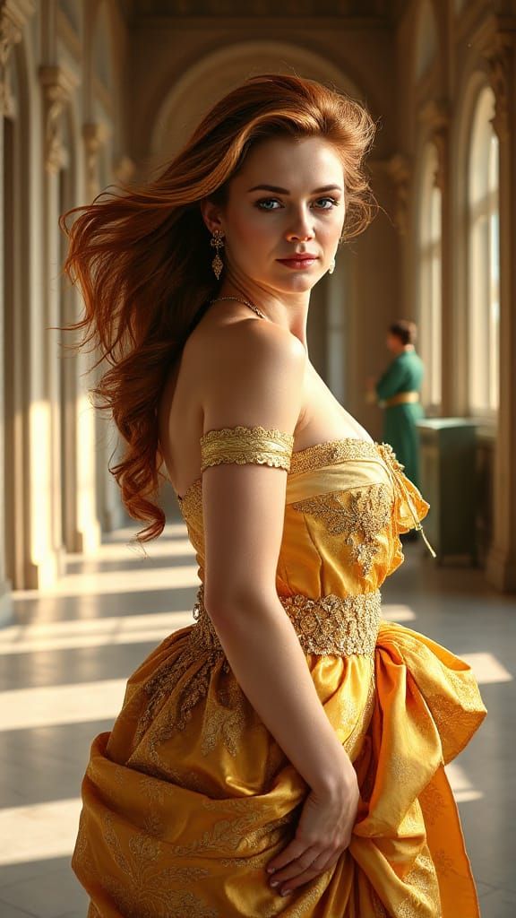 Elegant Woman in Golden Gown in Grand Hall