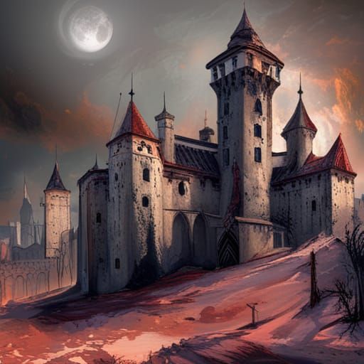 Medieval Castle Under Blood Moon: Hyperrealistic Concept Art