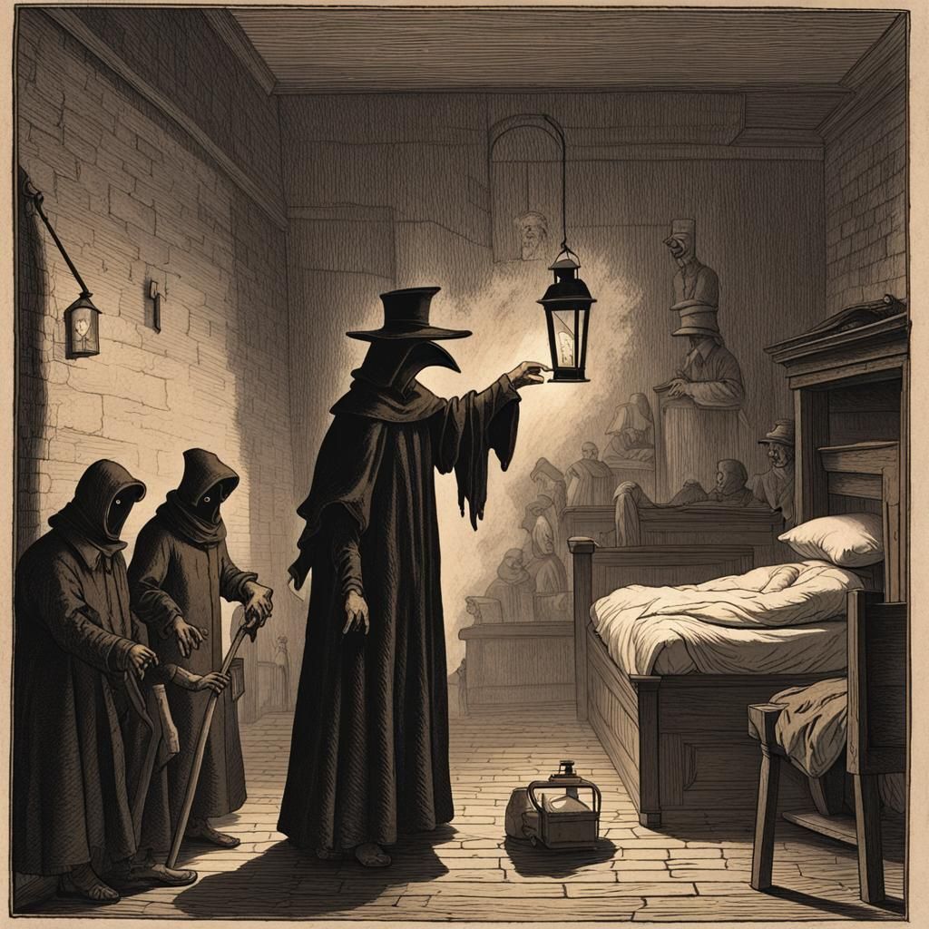 Surreal Plague Doctor Scene with Lantern