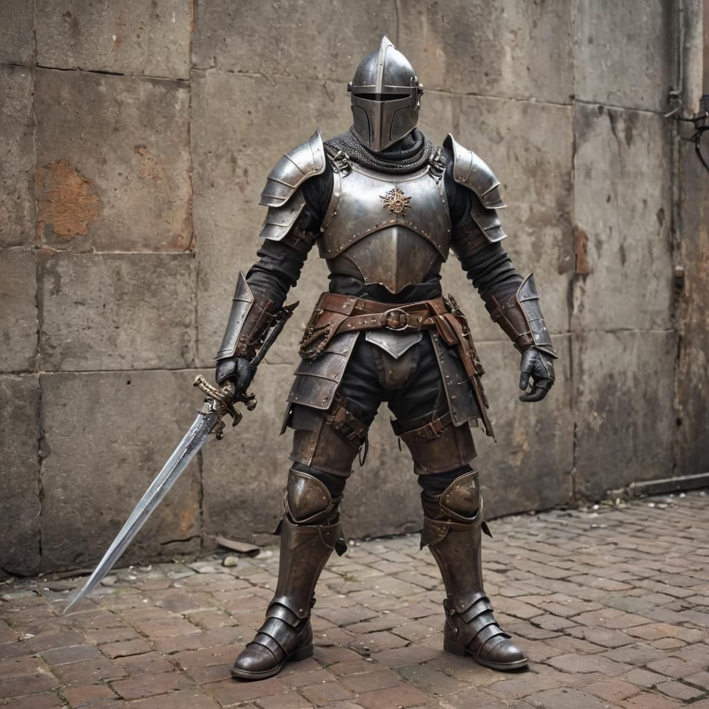 steampunk knight in rusted armor, holding a chain sword, dynamic pose, dutch angle, a masterpiece