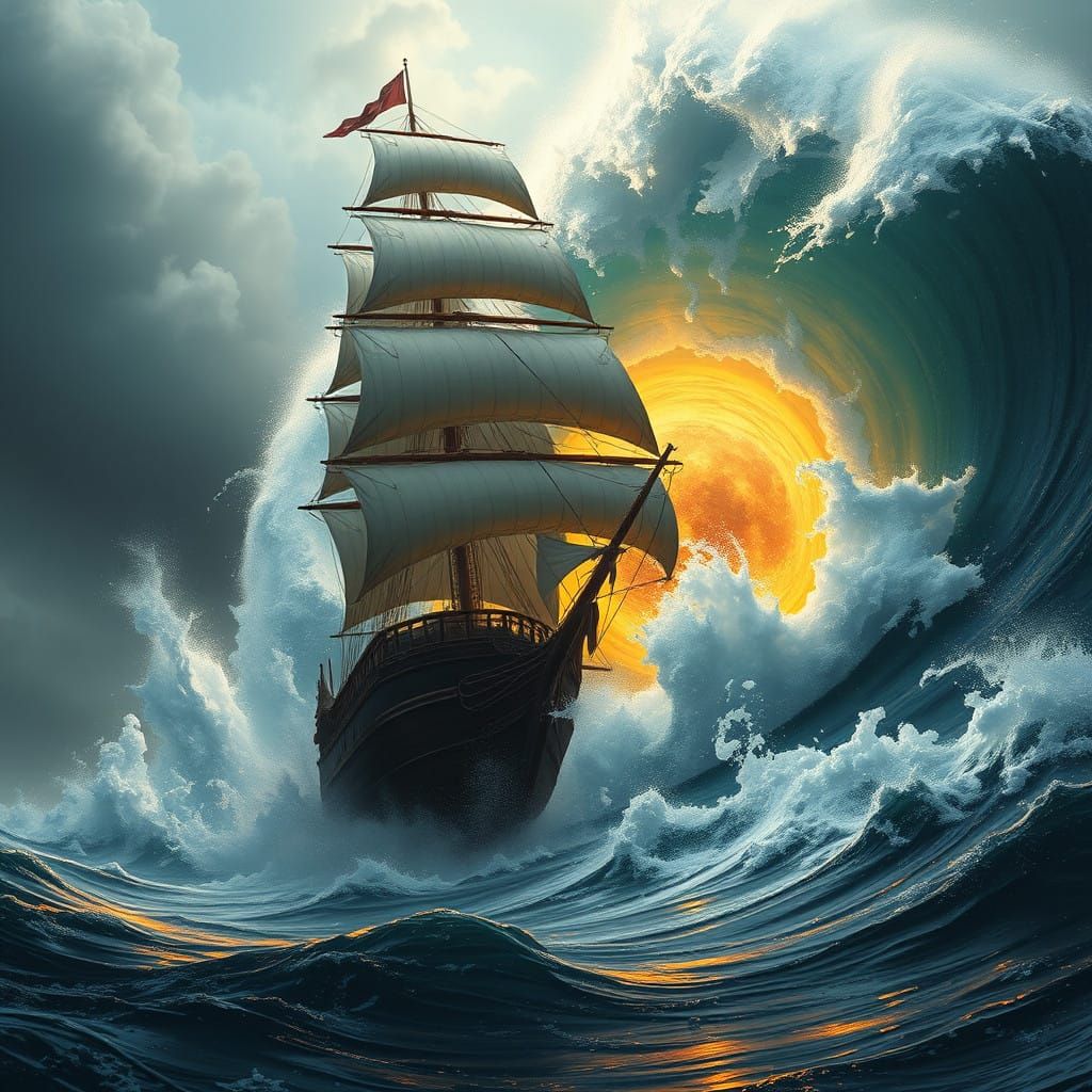 Majestic Sailing Vessel in Turbulent Sea, in Cyberpunk-Inspi...