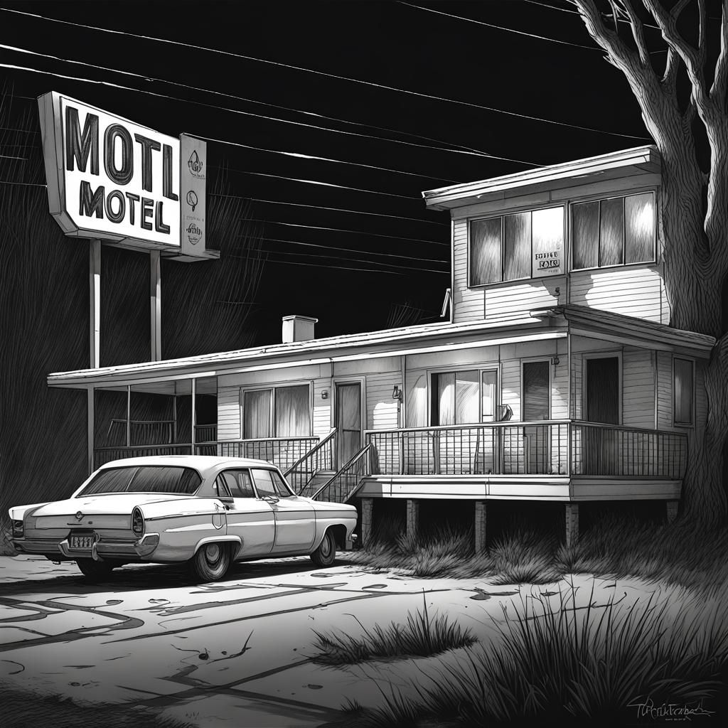 Sinister White Line-Art of a Vacant Motel