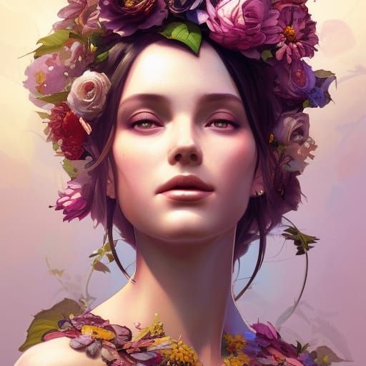 Hyperdetailed Flower Queen Portrait in Art Nouveau Style