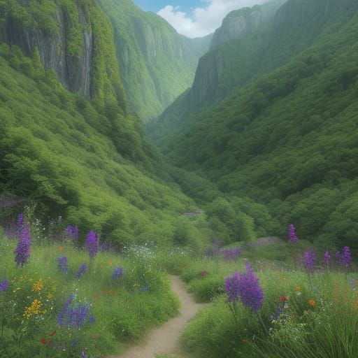 A lush green fantastical ethereal valley filled with abundan...