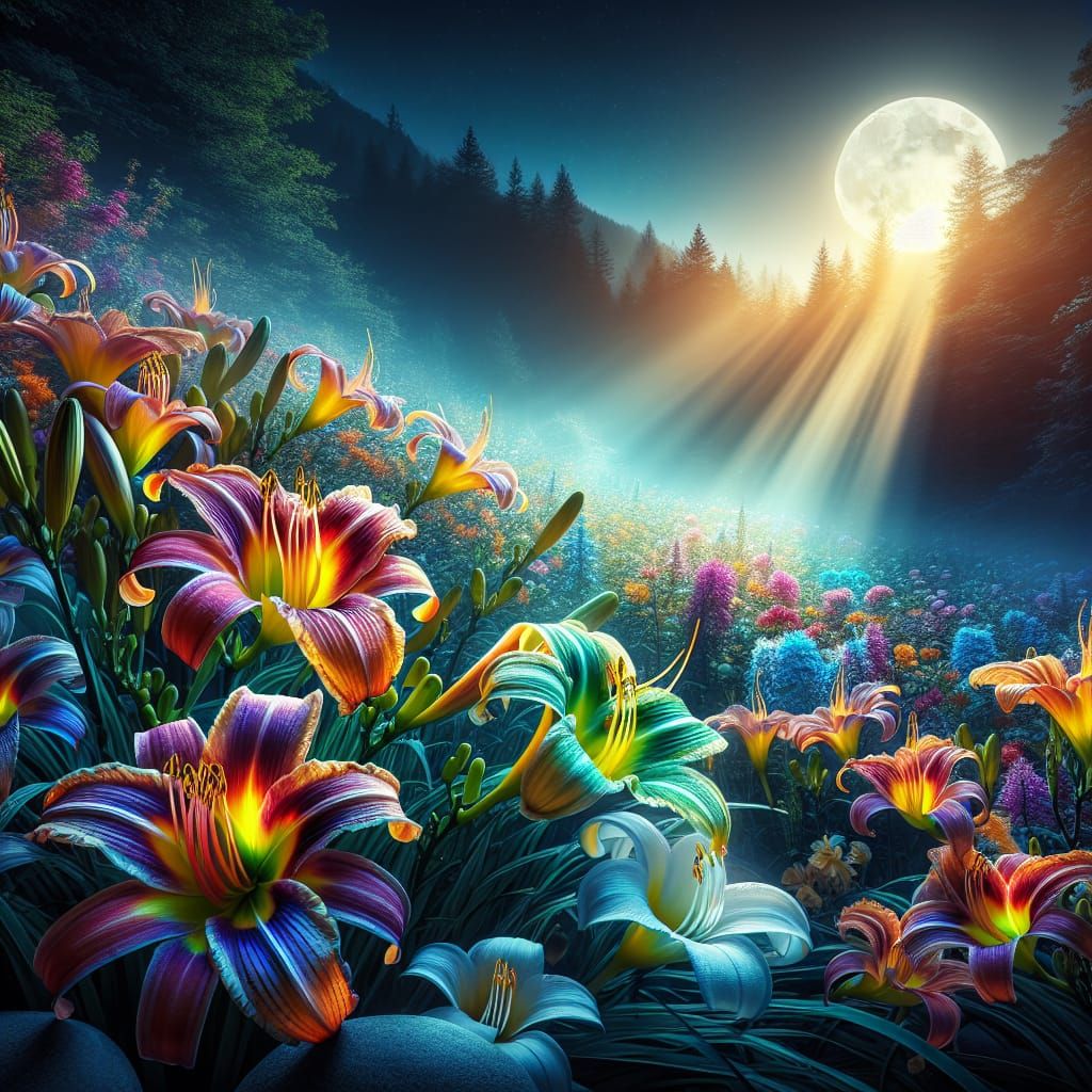 Dazzeling iridescent rainbow daylilies in the moonlight π