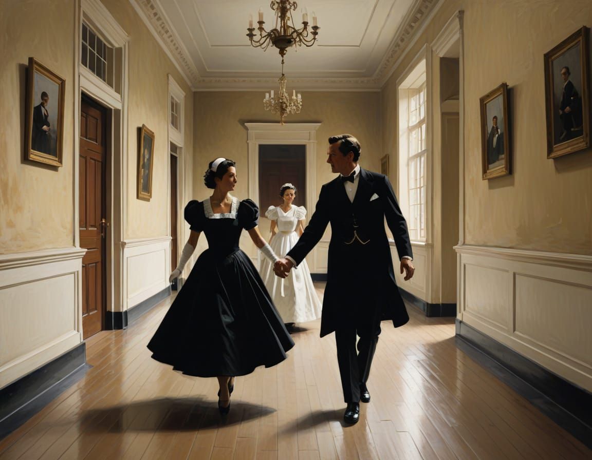 Elegant Butler and Maid Dance in Empty Hallway - Vettriano-I...