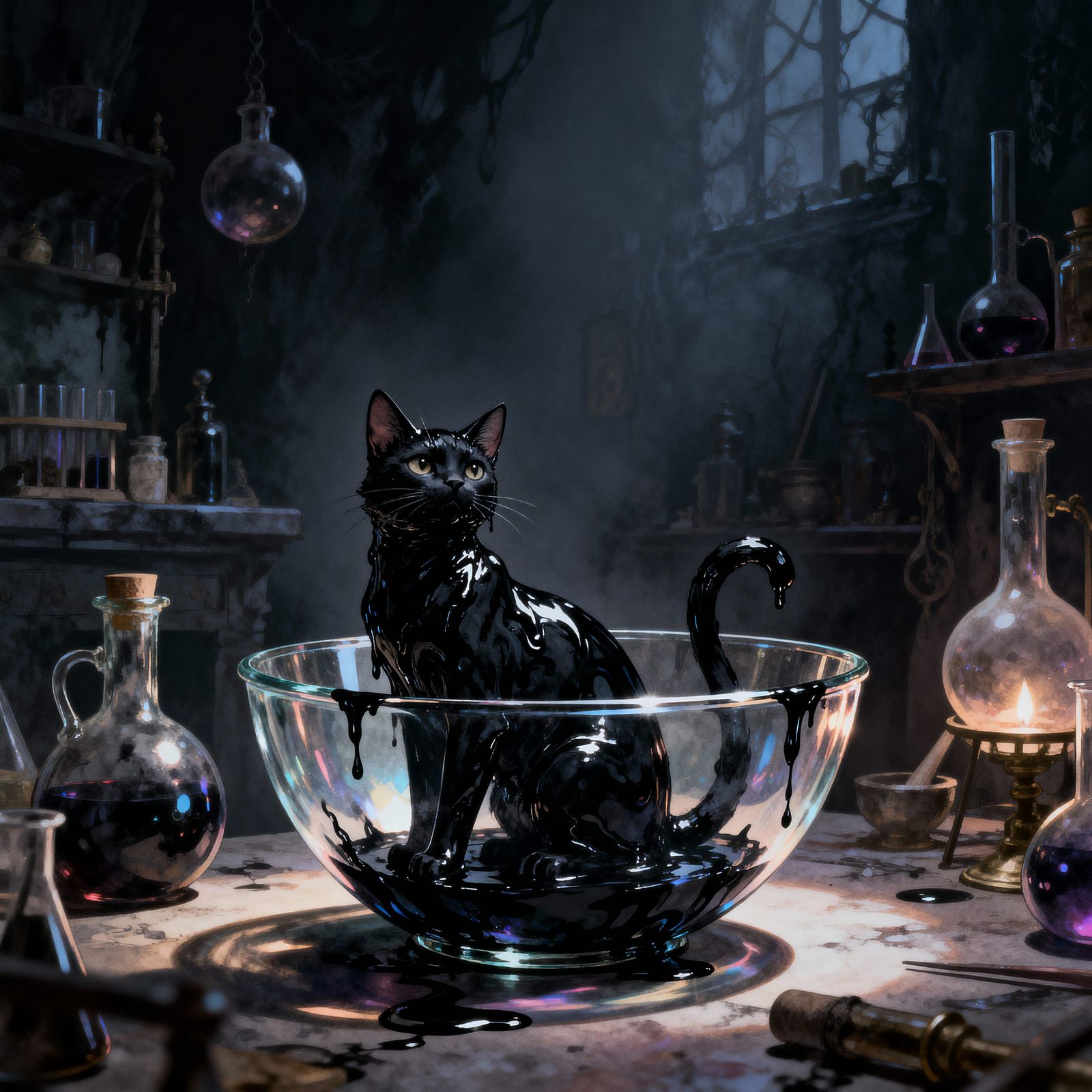 Cat of Black Tar in Dark Alchemy Lab