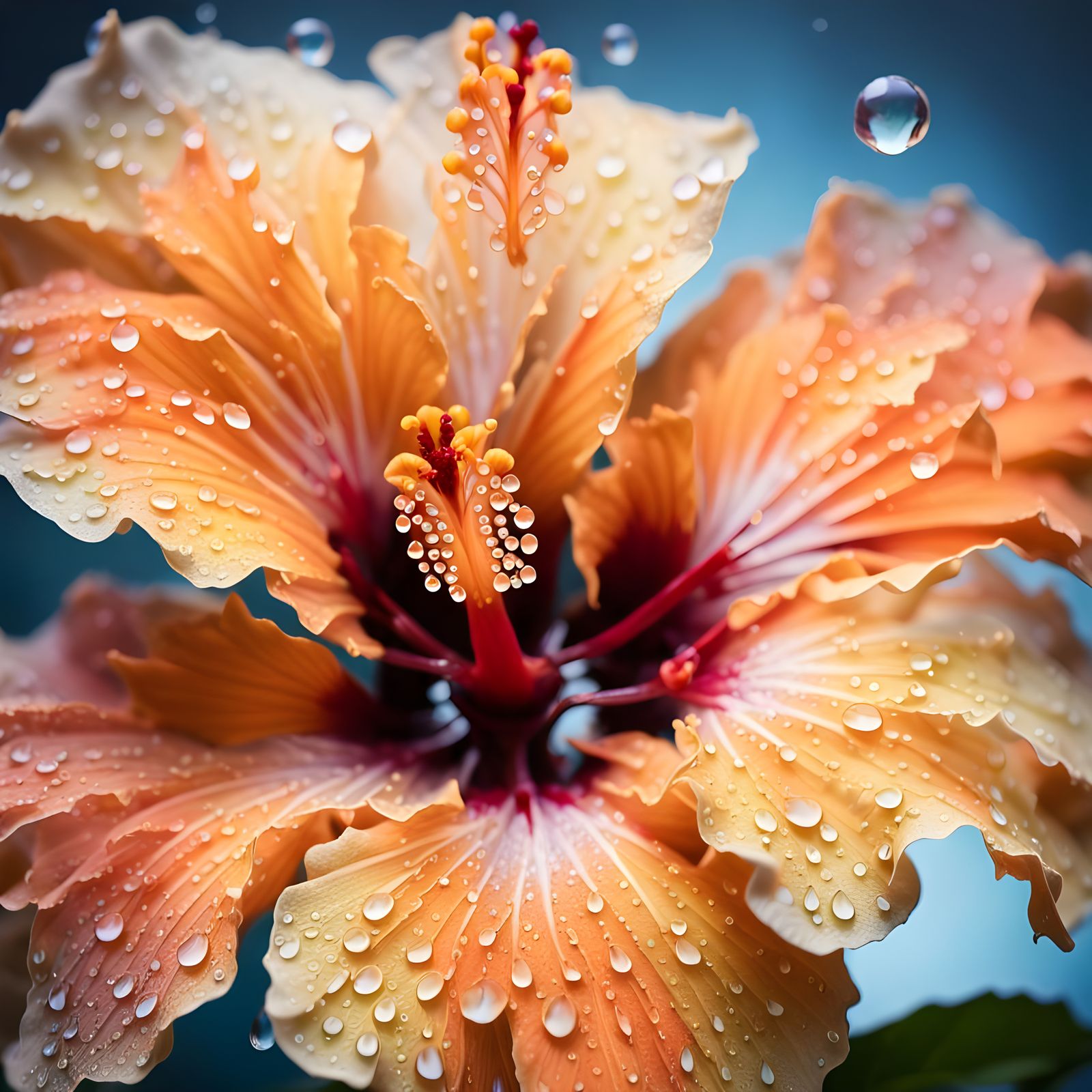 Raindrop-Kissed Hibiscus Bloom in Warm Orange Hues