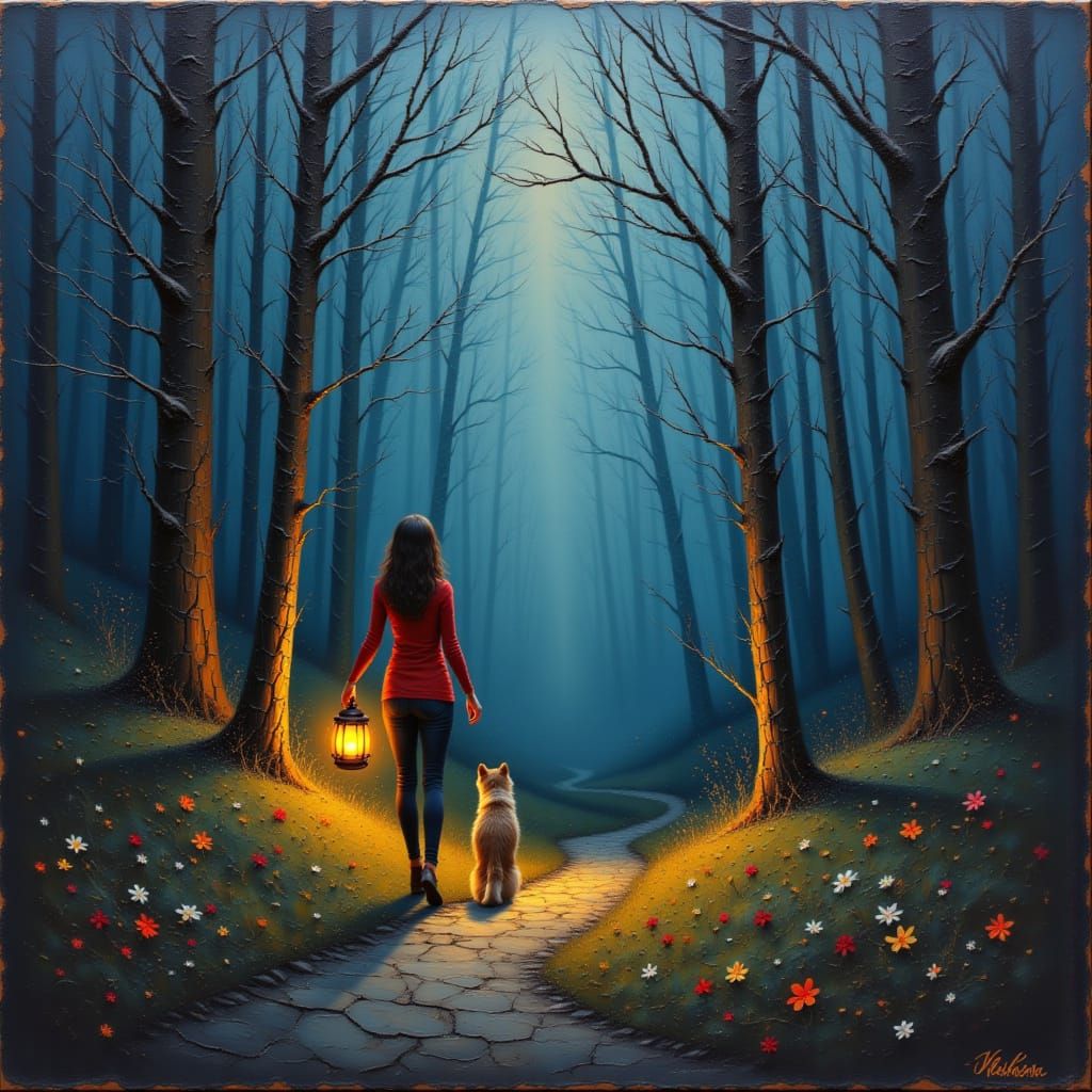 Woman with Lantern and Dog in Forest